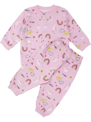 Bebegen Kız Bebek Pembe Renkli Güneş Gökkuşağı Desenli Çıtçıtlı Pijama Takımı