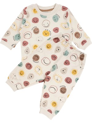 Bebegen Unisex Bej Renkli Emoji Baskılı Pijama Takımı