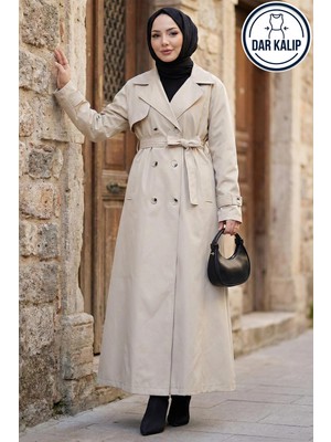 Kuşaklı Düğmeli Tamboy Trençkot Taş Rengi HM2891