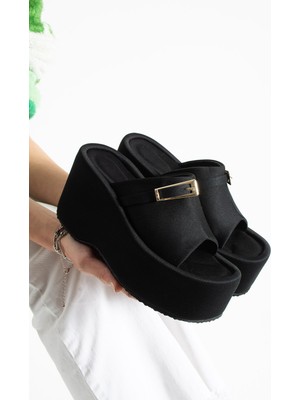 Dabab Shoes LUNARA Kadın Siyah 10 cm Platform Topuk Tokalı Kalın Taban Terlik Sandalet