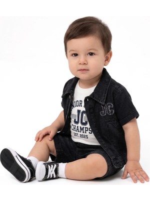 Bebegen Erkek Bebek Siyah Beyaz Mavi Kot Ceketli Şortlu 3'lü Takım