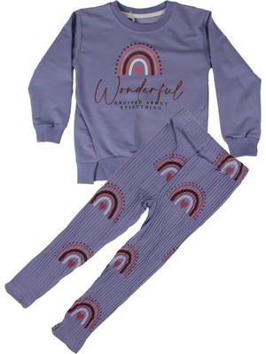 Bebegen Kız Çocuk Mor Wonderful Yazılı Gökkuşağı Fitilli Taytlı 2'li Takım