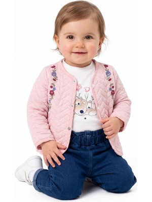 Bebegen Kız Bebek Pembe Laci Koala Çiçek Nakışlı Kapitone Ceketli 3'lü Takım