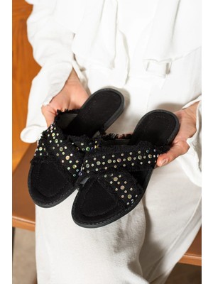 Dabab Shoes Inka Kadın Hasır Dokulu Kuş Gözü Detaylı Düz Siyah Terlik