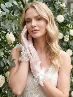Elegance Scarf Tüy Detaylı Puantiyeli Tül Gelin Eldiveni Nikah Düğün Abiye Parti Kısa Eldiven Beyaz
