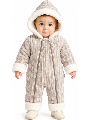 Chicsy Baby Tatlı Unisex Bebek Fitilli Kadife Kozmonot Tulum Peluş Kürklü Kapüşonlu Çift Fermuarlı Kışlık Bebek Tulumu