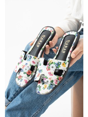 Dabab Shoes Florısa Kadın Çiçek Desenli H Bantlı Beyaz Düz Taban Yazlık Terlik