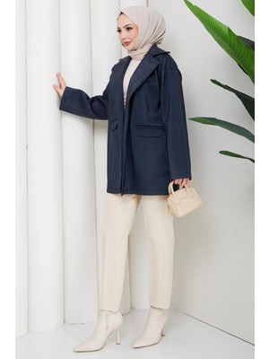 Hafsa Mina Oversize Kabartmalı Suni Deri Ceket Lacivert HM2885
