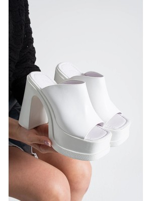 Dabab Shoes Monelıa Kadın Beyaz 13 cm Platform Topuklu Önü Açık Kalın Topuklu Terlik Sandalet