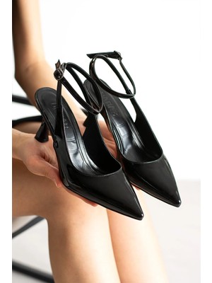 Dabab Shoes Julıette Kadın Siyah Rugan Sivri Burun Bilekten Bantlı 7 cm Ince Topuklu Slingback Ayakkabı