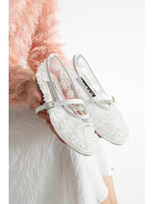 Dabab Shoes Flora Kadın Beyaz Inci Işlemeli Tül Dokulu Bantlı Babet Düz Ayakkabı
