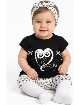 Bebegen Kız Bebek Siyah Beyaz Lovely Yazılı Çicekli Desenli Taytlı Bandanalı 2'li Takım