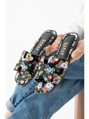 Dabab Shoes Florısa Kadın Çiçek Desenli H Bantlı Siyah Düz Taban Yazlık Terlik
