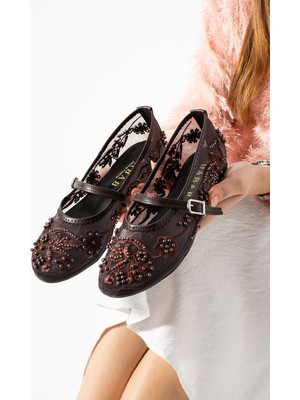 Dabab Shoes Flora Kadın Acı Kahve Inci Işlemeli Tül Dokulu Bantlı Babet Düz Ayakkabı