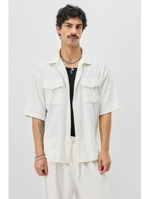 Süet Dokulu Kısa Kollu Oversize Gömlek