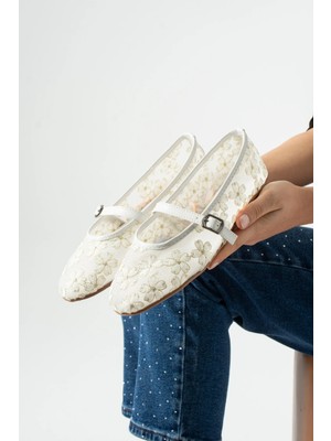 Dabab Shoes Lorena Kadın Beyaz Çiçek Nakışlı Tül Mary Jane Babet