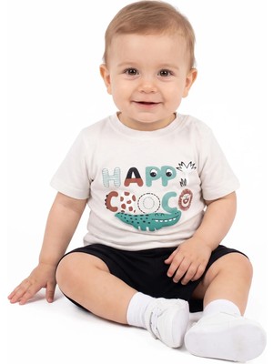 Bebegen Erkek Bebek Ekru Siyah Happy Timsahlı Şortlu 2'li Takım