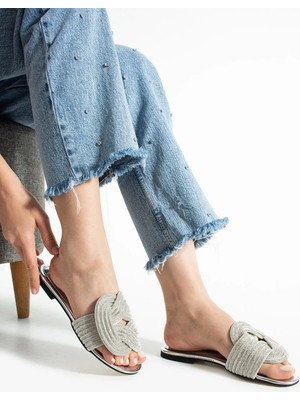 Dabab Shoes Lumıry Gümüş Kadın Taşlı Düğümlü Bantlı Düz Işıltılı Terlik