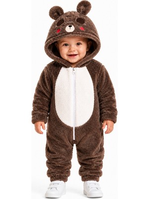 Chicsy Baby Kız Erkek Bebek Welsoft Peluş Tulum Kapüşonlu Fermuarlı Kışlık Bebek Tulumu Ayıcık Figürlü Yumuşak Polar Astronot Tulum