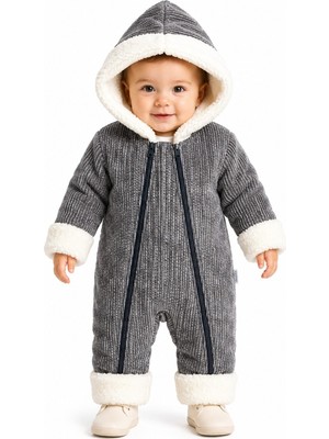 Chicsy Baby Tatlı Unisex Bebek Fitilli Kadife Kozmonot Tulum Peluş Kürklü Kapüşonlu Çift Fermuarlı Kışlık Bebek Tulumu