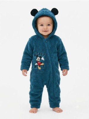 Chicsy Baby Tatlı Bebek Mickey Mouse Welsoft Tulum Nakışlı Kulaklı Kapüşonlu Fermuarlı Peluş Kışlık Bebek Tulumu