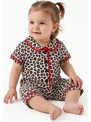 Bebegen Kız Bebek Kahve Kırmızı Biyeli Leopar Desenli Şortlu Pijama Takım