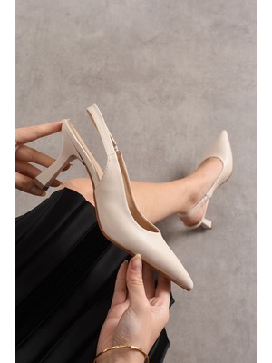 Dabab Shoes Kadın Bej Cilt Sade Arkası Açık Sivri Burun Ince Topuklu Ayakkabı