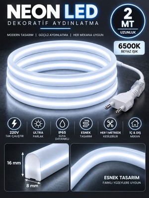 Borsan 2 Metre 6500K Beyaz Neon LED 220V Tak Çalıştır  IP65 Ultra Parlak Esnek Hortum LED Iç Dış Mekan Dekoratif Aydınlatma