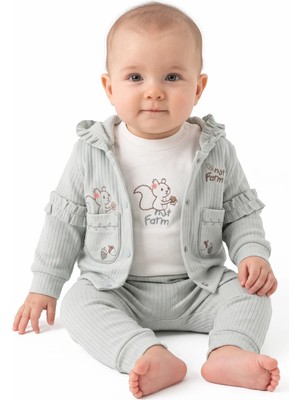 Bebegen Unisex Ekru Su Yeşili Sincap Nakışlı Hırkalı 3'lü Takım