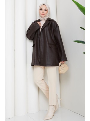 Hafsa Mina Oversize Kabartmalı Suni Deri Ceket Kahverengi HM2885