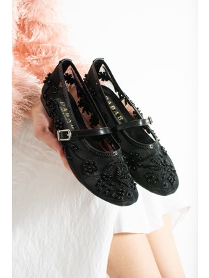 Dabab Shoes Flora Kadın Siyah Inci Işlemeli Tül Dokulu Bantlı Babet Düz Ayakkabı