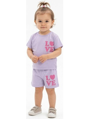 Bebegen Kız Bebek Lila Pembe Love Baskılı Şortlu 2'li Takım