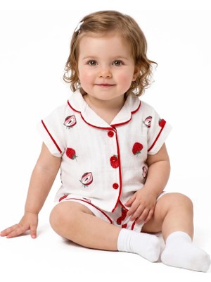 Bebegen Kız Bebek Beyaz Kırmızı Çilek Baskılı Müslin Şortlu Pijama Takımı
