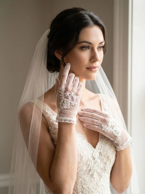 Elegance Scarf Fransız Dantel Detaylı Kısa Tül Gelin Eldiveni Nikah Düğün Abiye Davet Eldiveni Beyaz