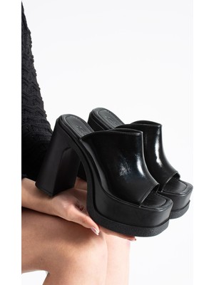 Dabab Shoes Monelıa Kadın Siyah Rugan 13 cm Platform Topuklu Önü Açık Kalın Topuklu Terlik Sandalet