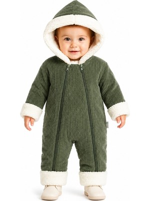 Chicsy Baby Tatlı Unisex Bebek Fitilli Kadife Kozmonot Tulum Peluş Kürklü Kapüşonlu Çift Fermuarlı Kışlık Bebek Tulumu