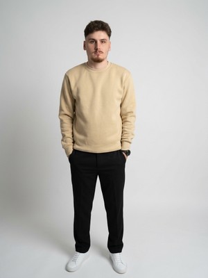 Felvino Erkek Bisiklet Yaka Basic Sweatshirt Şardonlu Pamuklu Fit Düz Sweat