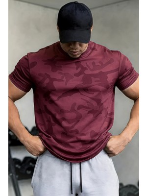 Serablanka Erkek Nem Emici Hızlı Kuruma Atletik Teknik Kamuflaj Desenli Spor T-Shirt Bordo