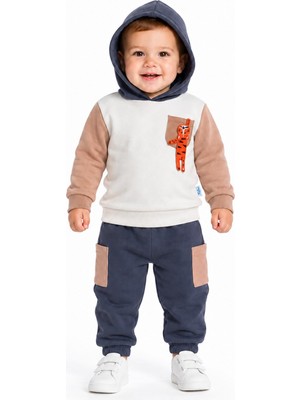 Chicsy Baby Tatlı Erkek Bebek Kaplanlı Eşofman Takımı Kapüşonlu Sweatshirt Kargo Cepli Pantolon 2\'li Bebek Takım