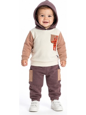 Chicsy Baby Tatlı Erkek Bebek Kaplanlı Eşofman Takımı Kapüşonlu Sweatshirt Kargo Cepli Pantolon 2\'li Bebek Takım