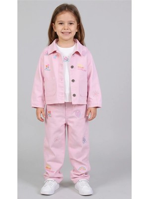 Queen Kids M9989 Kız Çocuk Çiçek Nakışlı 3'lü Takım Pembe