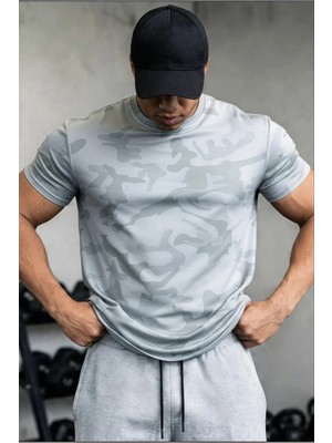 Serablanka Erkek Nem Emici Hızlı Kuruma Atletik Teknik Kamuflaj Desenli Spor T-Shirt Gri