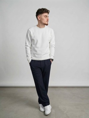 Felvino Erkek Bisiklet Yaka Basic Sweatshirt Şardonlu Pamuklu Fit Düz Sweat