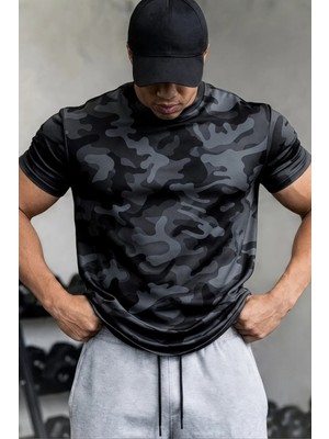 Serablanka Erkek Nem Emici Hızlı Kuruma Atletik Teknik Kamuflaj Desenli Spor T-Shirt Siyah