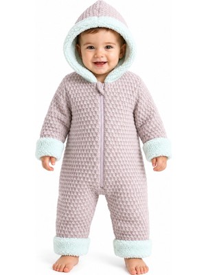 Chicsy Baby Tatlı Unisex Bebek Örgü Triko Tulum Welsoft Peluş Manşetli Kapüşonlu Fermuarlı Kışlık Bebek Kozmonot Tulumu