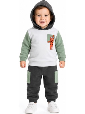 Chicsy Baby Tatlı Erkek Bebek Kaplanlı Eşofman Takımı Kapüşonlu Sweatshirt Kargo Cepli Pantolon 2\'li Bebek Takım
