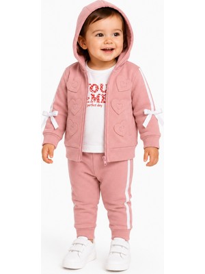 Chicsy Baby Tatlı Kız Bebek Kalpli 3\'lü Eşofman Takımı Kapüşonlu Fermuarlı Hırka Fiyonklu Sweatshirt Pantolon Kız Bebek Takım