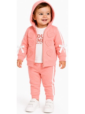 Chicsy Baby Tatlı Kız Bebek Kalpli 3\'lü Eşofman Takımı Kapüşonlu Fermuarlı Hırka Fiyonklu Sweatshirt Pantolon Kız Bebek Takım