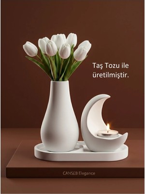 Canseb Elegance 13CM Çiçek Pampas Vazosu & 11CM Hilal Mumluk & 17CM Oluklu Tepsi ( 1 Adet Tealight Mum Hediyeli )