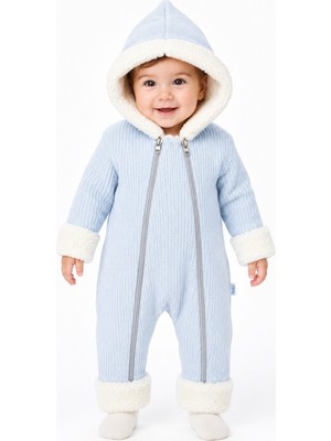 Chicsy Baby Tatlı Unisex Bebek Triko Tulum Peluş Detaylı Kapüşonlu Çift Fermuarlı Kışlık Bebek Kozmonot Tulumu